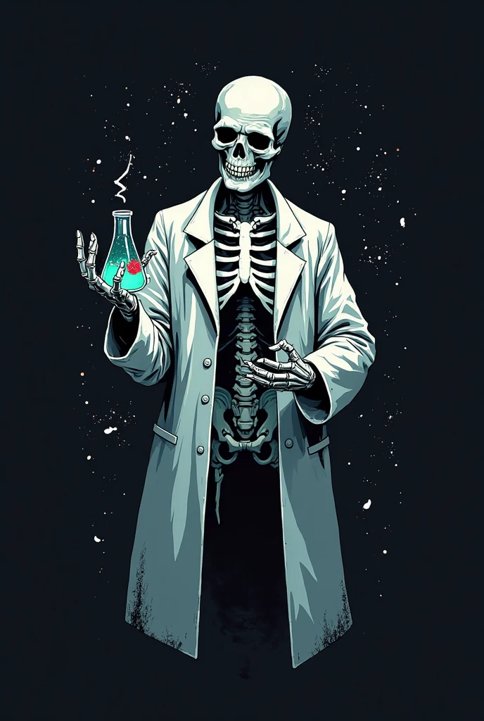 Design a t-shirt featuring a fantasy skullart illustration of a  scientist scary skull with curley hair, sunglasses, colorful glowing chemical laboratory glassware, Combine a detailed black and white drawing with vibrant, colorful digital fantasy style chemical elements. Draw inspiration from the intricate and dynamic styles of Dan Mumford, junko mizuno, and Frank Frazetta.negative space
