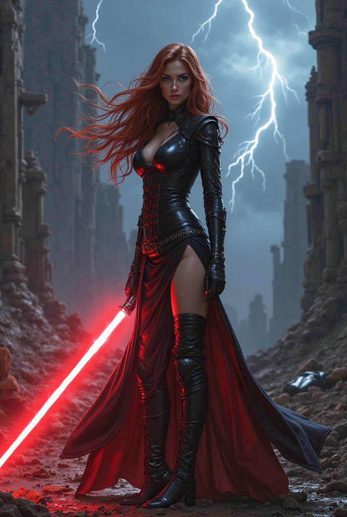 (full body shot:1) photorealistic image of a (standing pose:1) woman, ultrarealistic, photography, long red hair, woman, 24 years old, hourglass figure, perfect body, seductive look, natural medium breasts, blur background, in complete darkness, she is wearing a sith robe, she is holding a red lightsaber, the lightsaber is the only lightsource, on a dark destroyed space colony outside, it is raining, there is lightning in the background, she is walking towards the camera, explosion in the background, long sexy legs, wet clothes, wet hair