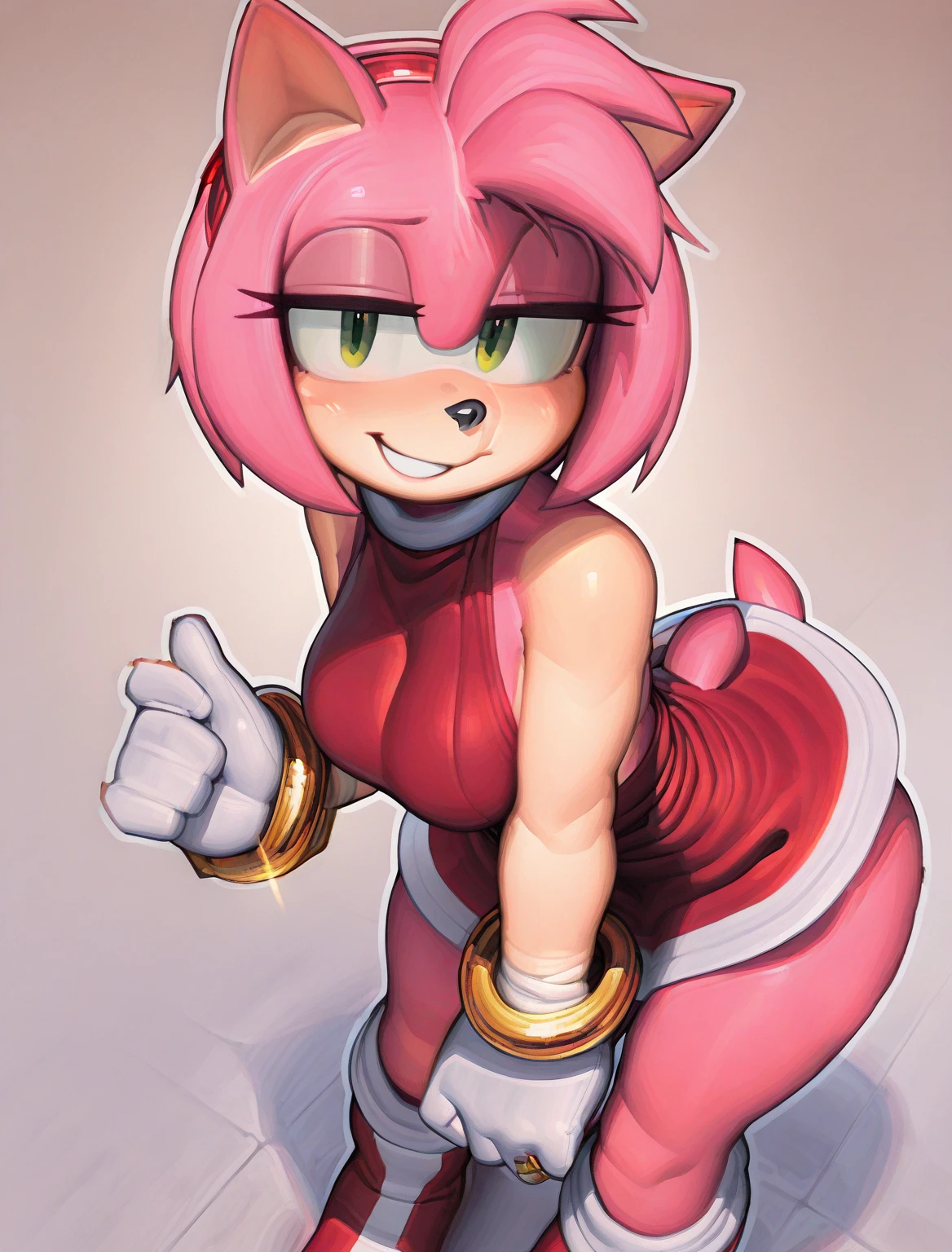 Female, Mobian, Amy Rose, smile, small breasts, wearing black bikini, sweating, wearing white cartoon gloves, wearing white socks, has thick thighs, on crossed legs, doing a pin up pose,