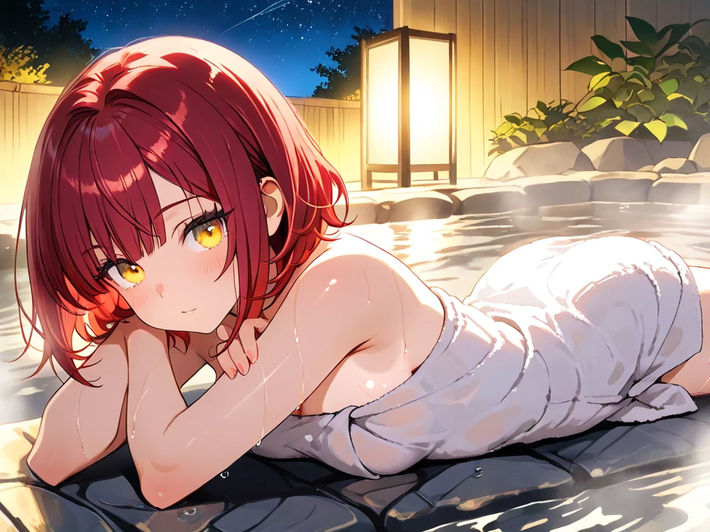 1girl, perfect anatomy, lying, (smile:1.1), red hair, disheveled hairstyle, white shirt, (wet clothes:1.2), (nipples:0.89), soft focus, (retracing:1.3), professional processing, (hdr:1.2), ultradetalization