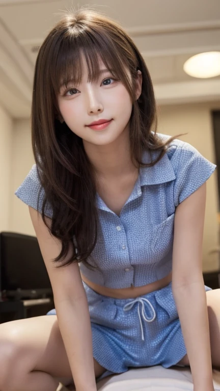 (highest quality,masterpiece:1.3,Ultra-high resolution),(Very detailed,8k),(Realistic:1.4,RAW shooting)。Above-the-knee screen、Blurred Background、Looking at the audience、A shy smile、young woman、Twin tails。Camisole and striped panties。City of night。Night view。