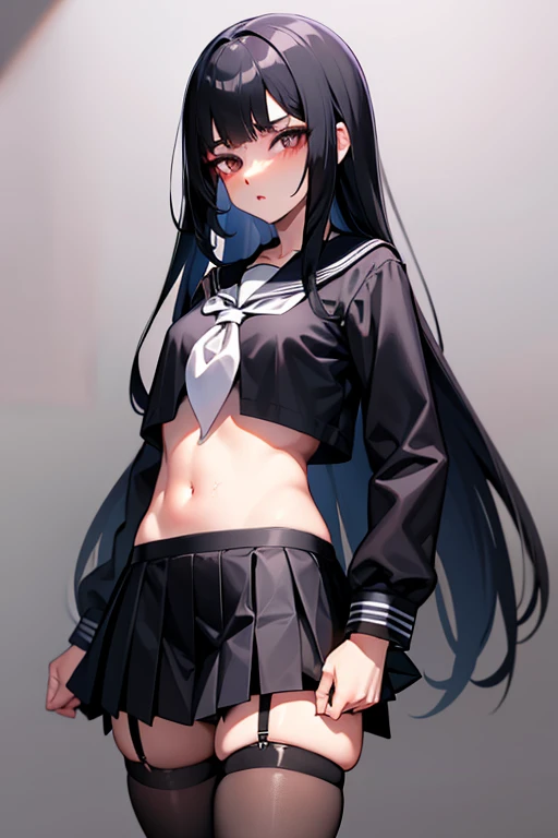 a black ink drawing in outline and colors, character: Hayase Nagatoro in a uniform consisting of an unbuttoned blouse with a wide neckline showing a bra and thong under a cowboy mini skirt, She is a girl with a large but firm and rounded bust with covered nipples, She likes sexy poses, Open legs and rounded and firm butt like her heroine Sailor Moon, Leaning forward, slightly lifting her miniskirt, you can see her buttocks.,1 girl view. (The work signed by "MemMt" In the lower right corner), white background, rear side lighting, full body shot, Sexy angle, 