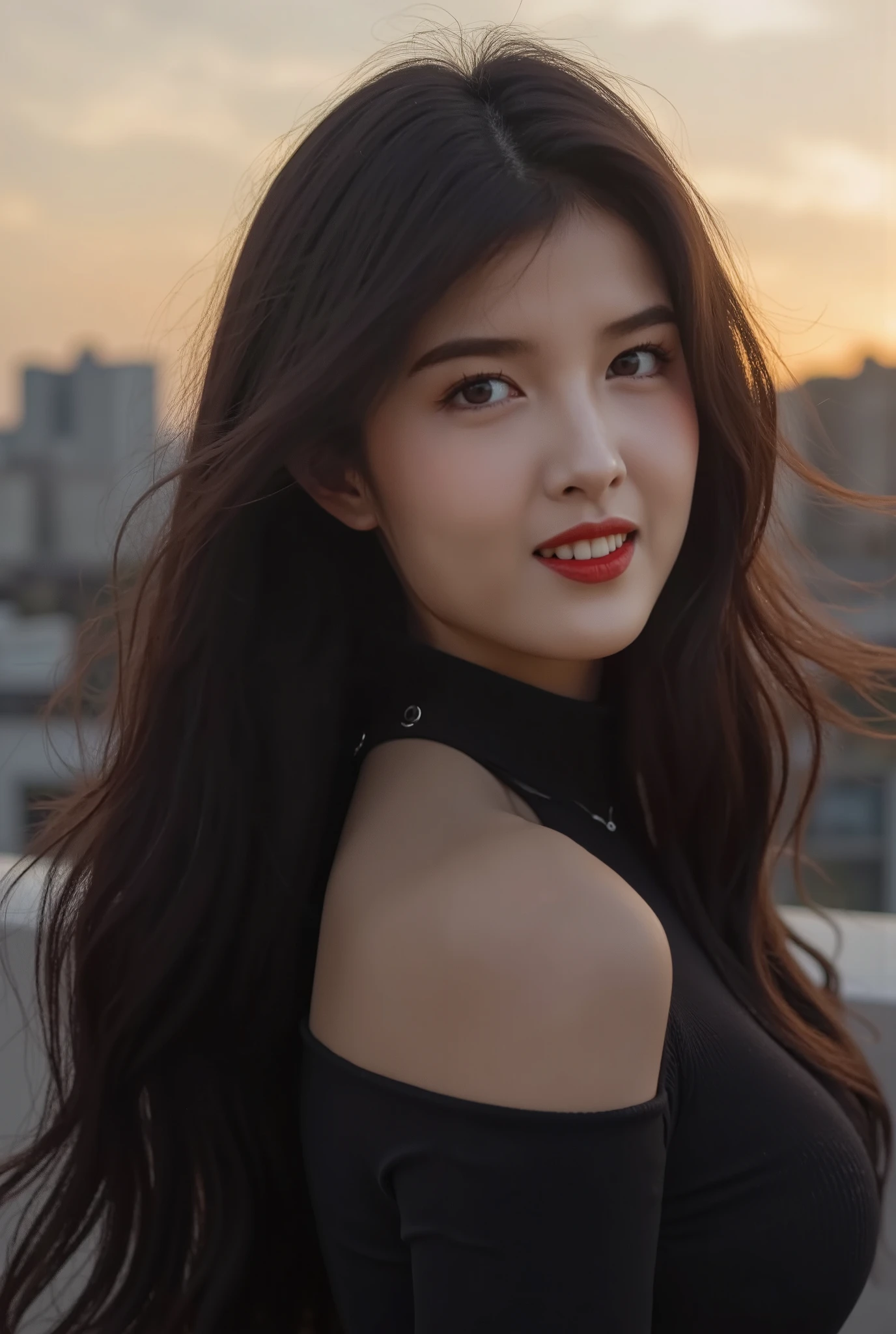 A perfect young female white-collar worker,Chinese,High picture quality,Works of masters,Black hair,Long hair flowing over the shoulders,Blured background,(masterpiece:1.3), (8k, photorealistic, RAW photo, best quality: 1.4), gravure photography, (sunset need, 8K, master piece:1.3)), slim abs:1.1, (( brown wavy hair, Big cities:1.2 )),posing, towards the camera:1.2,), ((Ocean,:1.3)), Highly detailed face and skin texture, detailed eye, double eyelid