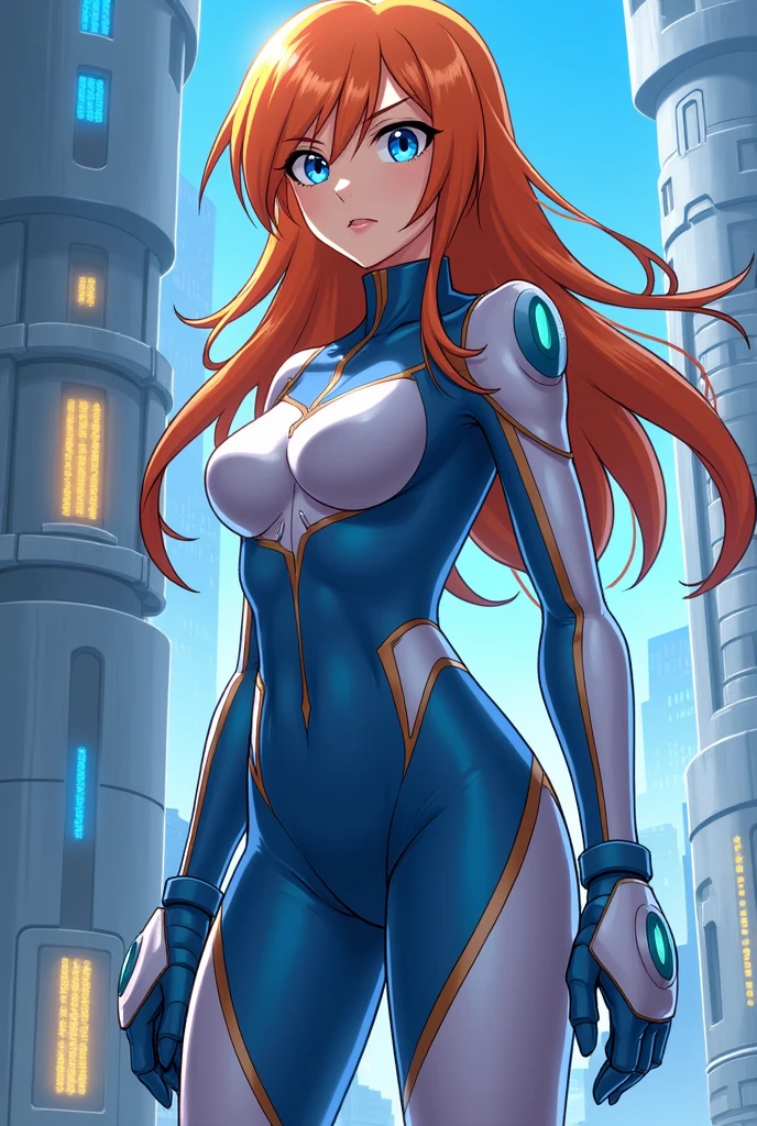 18k hdr, (best quality, masterpiece:1.3), (detailed:1.2), (Detailed face:1.2), (Detailed eyes:1.2), 1girl, mature female, solo, Yoko Littner dressed up as Zero Suit Samus, 25 year old woman, Amber eyes, beautiful face, medium breasts, hair between eyes, hair ornament, high ponytail, long hair, red hair, sidelocks, skull hair ornament, zero suit, blue gloves, curvy, wide hips, zero suit, blue gloves, ((blue bodysuit)), arrogant smile, thrilled expression on face, standing, holding a blaster, upper body, (Background: Indoors, interior of a room with futuristic technology in the surroundings, cyberpunk themed)
