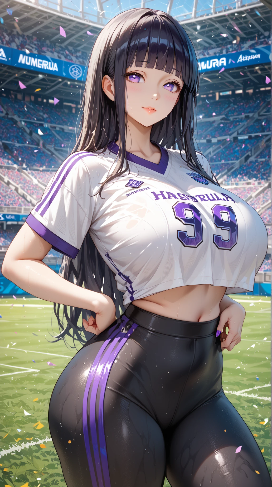PERFECT MASTERPIECE, EXTREMELY DETAILED CG UNITY 32K UHD QUALITY RESOLUTION WALLPAPER, PHOTOREALISTIC, RAW PHOTO, PERFECT PHOTOGENIC CLARITY, OFFICIAL ART, AWARD-WINNING PORTRAIT, ULTRA HYPER-REALISTIC, ULTRA HYPER-DETAILED, SHINY REALISTIC SKIN, ADVANCED RAY TRACING, PERFECT COMPOSITION, most beautiful and sexy soccer player girl, very long black hair in a ponytail, vibrant moonlight eyes, long detailed eyelashes, blushing, full pouting pink lips, curvy body type, full hips, super huge enormously gigantic tits, cleavage showing, gigantic tits bursting out of her uniform, wearing highly detailed soccer player uniform, tons of tattoos and piercings, arching her back in a sexy seductive slutty pose, looking at the viewer, close up pov camera view from below, sexy seductive slutty facial expression, soccer field background