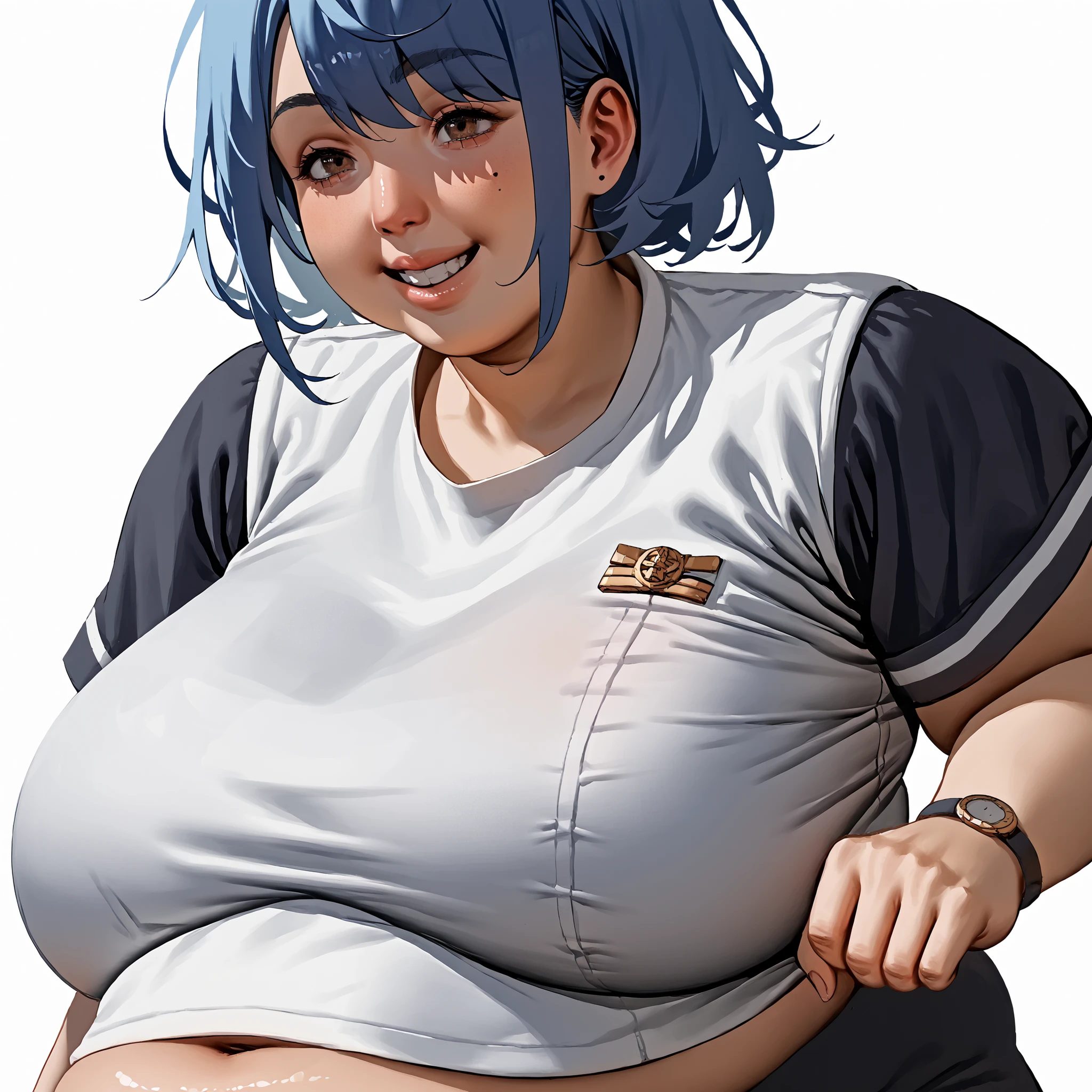 masterpiece, best quality, ultra-detailed, Potrait of beautiful , (chubby) (muscular), (plump), (sexly), (cleavage), ((tomboy)), (アニメ), (Breasts), (Plump), ((very short hair)), ((Uzaki Hana)), (overweight), (Gray Hair) (Wearing white clothes), ((Saggy breasts)), (blue eyes), (Short Hair), (blue eyes), ((thick)), (sleeves are blue), (Short sleeve), (fullbody)