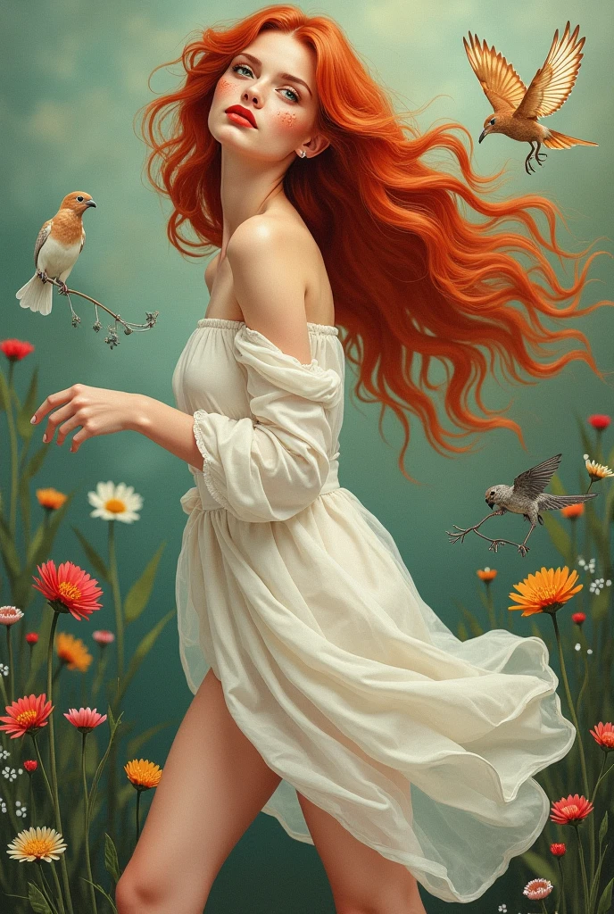 There is a woman with a bird on her shoulder, showing her beautiful body, beautiful clothing, a beautiful art illustration, ginger. Art Nouveau, in the style of Anna Dittmann, goddess of red hair, goddess of autumn, beautiful digital art, in digital illustration style, goddess of nature, beautiful digital illustration, brittney lee, goddess of love and peace, inspired by Anna Dittmann