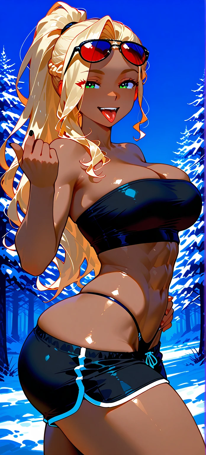 cowboy shot, from front, female, Art, ad, (color pencil drawing), draft drawing, illustration, bikini, big busts, blonde hair, thick bluish eyeshadow, thick black eyeliner, Highlighted eyes with eyeliner, false eyelashes ,(tanned skin:1.2), long hair