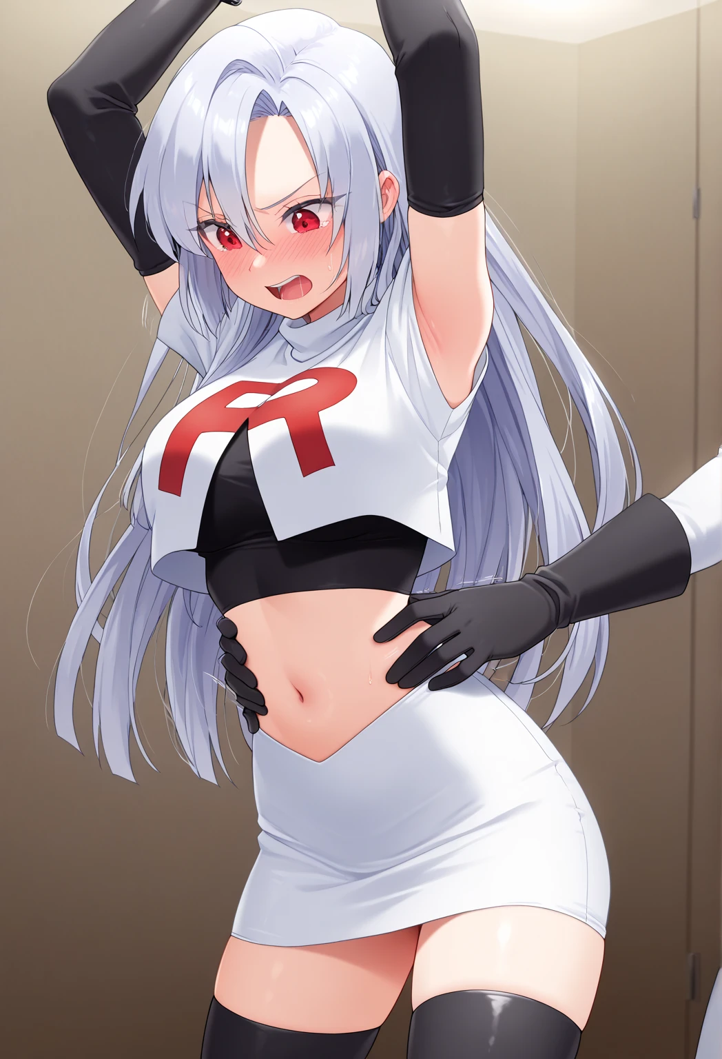 (masterpiece, best quality:1.2),illustration,8k,hd,1girls,solo,very_long_hair,blush,heart,side_ponytail,ahoge,blue_eyes,large_breasts,bangs,heart-shaped_pupils,hair_ornament,hair_between_eyes,team rocket,team rocket uniform,white skirt,red letter R,crop top,black thigh-highs,black elbow gloves 