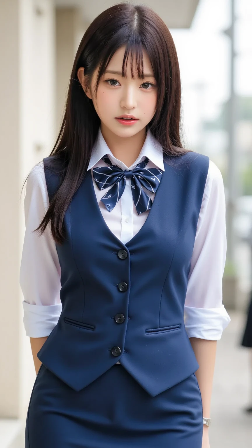 (born, highest quality, masterpiece:1.5), (photo-realistic, intricate details:1.2), ultra high resolution, disorganized,
1 girl, beautiful face, blue eyes, green eyes, fine eyes, symmetrical eyes, light shines on your face, blush your nose, short hair, bun hair, black hair tie, 
clacks, vest, suit, pencil mini skirt, white shirt, silk scarf, black pantyhose, [:The 20th, :0.8],
smile, small dimples, suggest something sexual, 
medium breasts, slim waist, slim legs, long legs,
sitting on a chair in front of the desk, perfect body, good proportions,
looking at the viewer, 
(office, indoor, hyper detailed background:1.2), Japan, Copier, file cabinet, computer, monitor,
shiny skin, real skin texture, 
Natural light, vestライティング, detailed background, detailed shadow, sharp focus, The depth of the written boundary f/2,
saturated, high contrast, strong light and shadow