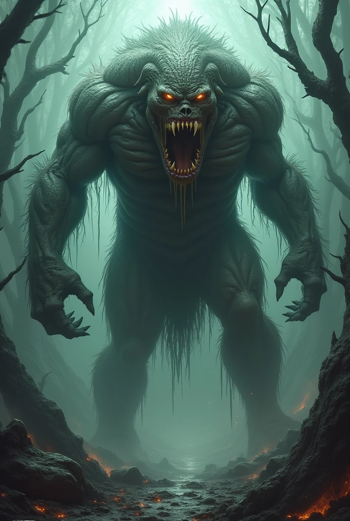 A massive, ferocious beast with razor-sharp claws and wild, glowing eyes, emerging from a dark, twisted forest, surrounded by shattered trees and mist. Its roar echoes through the night, embodying raw, untamed power. (masterpiece, ultra detailed, 8K, cinematic lighting, high contrast, dynamic pose, photorealistic)
