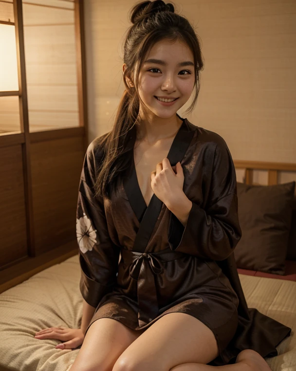 A girl wearing a brown yukata, she frightened ran out of the room, 8k