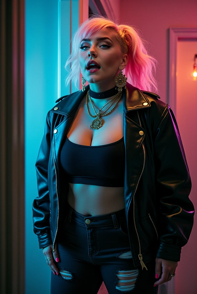 a photo of an intricate and detailed attractive female sks women as albino trailer trash, big glamorous blonde 1980s hair, full face closeup, jewelry, bright vivid red blue fabric, cheetah skinny pants, large bust, d-cup, pushup cleavage, cinematic, dramatic lighting, disco color, walking around a trailer park, palm trees in background, neundies style, bright vivid colors, neons, vapor wave, complimentary colors, pink and cyan colors, 4k, intricate, face, go pro view, closeup, suspiria, dramatic lighting, glamorous hair
