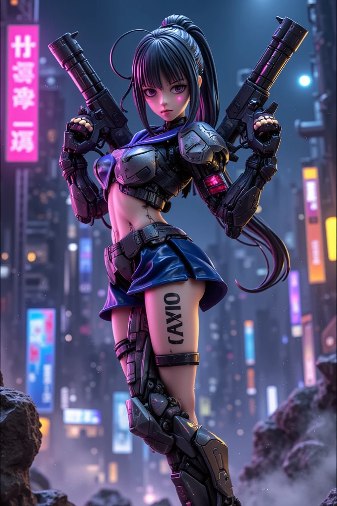 27-year-old female, with short straight deep purple hair, large breasts and large butt, wearing Halo Master Chief armor, with halo military base background, highly detailed, hyper-realistic, 8k resolution, highly detailed face features, cinematic side lighting