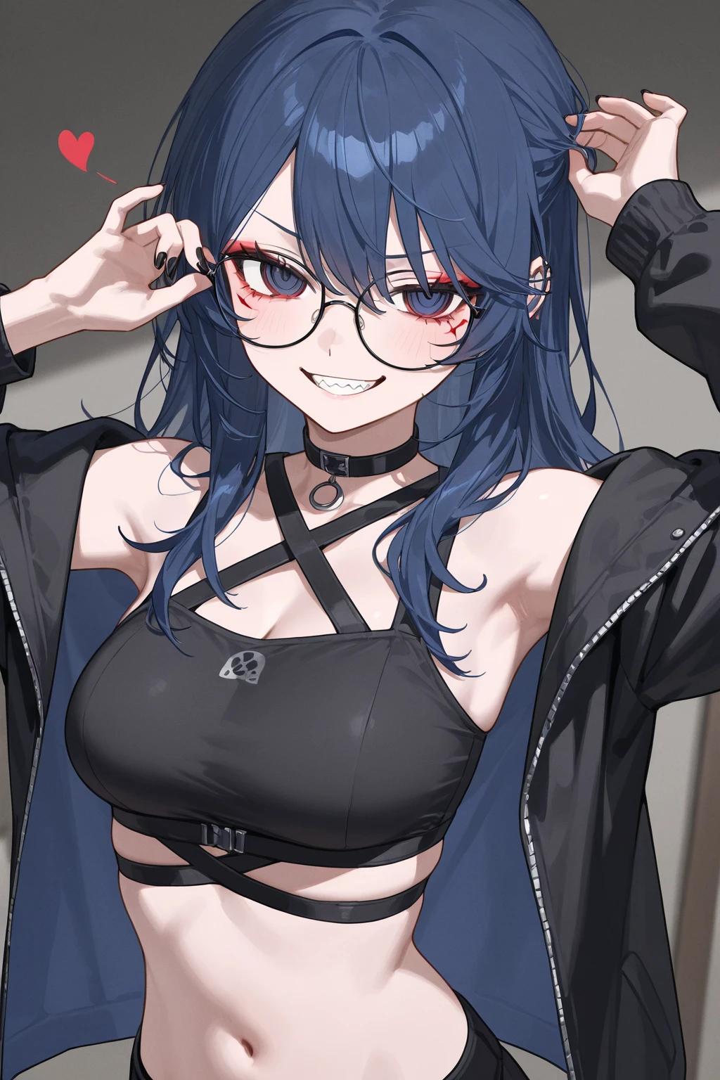 Anime Succubus girl in her 20's taking a selfie for a magazine cover, blank jail mugshot background with room for the title of the magazine. Girl is wearing punk and goth clothing and has on a choker, her multicolored hair is medium length and has bangs, long eyelashes and red seductive eyes draw in the viewers attention, she's holding her phone to take the picture and the viewpoint is from the phone's camera. She's grinning at the viewer,