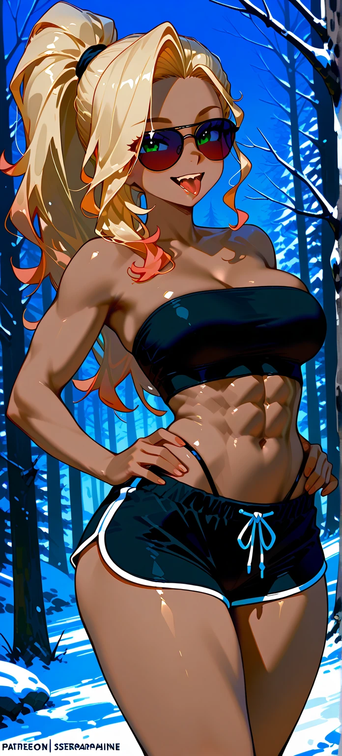 (((masterpiece、Highest image quality、highest quality、highly detailed unity 8kwallpaper)))、((Illustration of one girl))、(((beautiful girl、cool)))、((blonde、pixie cut:1.2、two side up、sidelocks、green eyes))、(((tall:1.3、stocky build:1.2, thickset physique:1.3, muscular legs, broad shoulders:1.2, solid chest)))、swimsuit、sandy beach