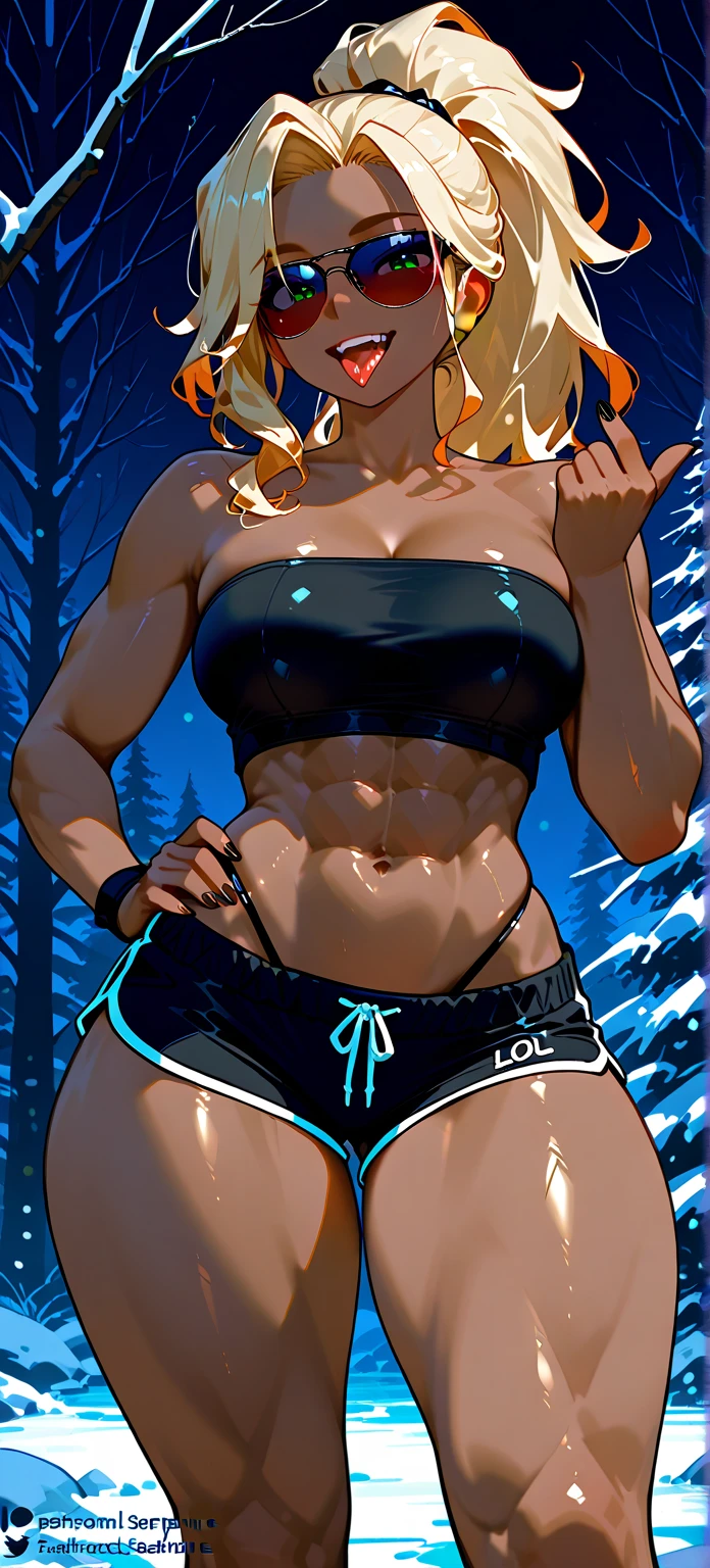 (Whole body:1.3) masterpiece, best quality, 1girl, korra, bright pale blue eyes, deep chestnut brown skin, dark skin, toned arms , (strong shoulders) , mild abs, (toned thighs), thighs showing, midriff showing, smile,standing, arms behind head pose, snow field, surrounded by mystical fire ring,