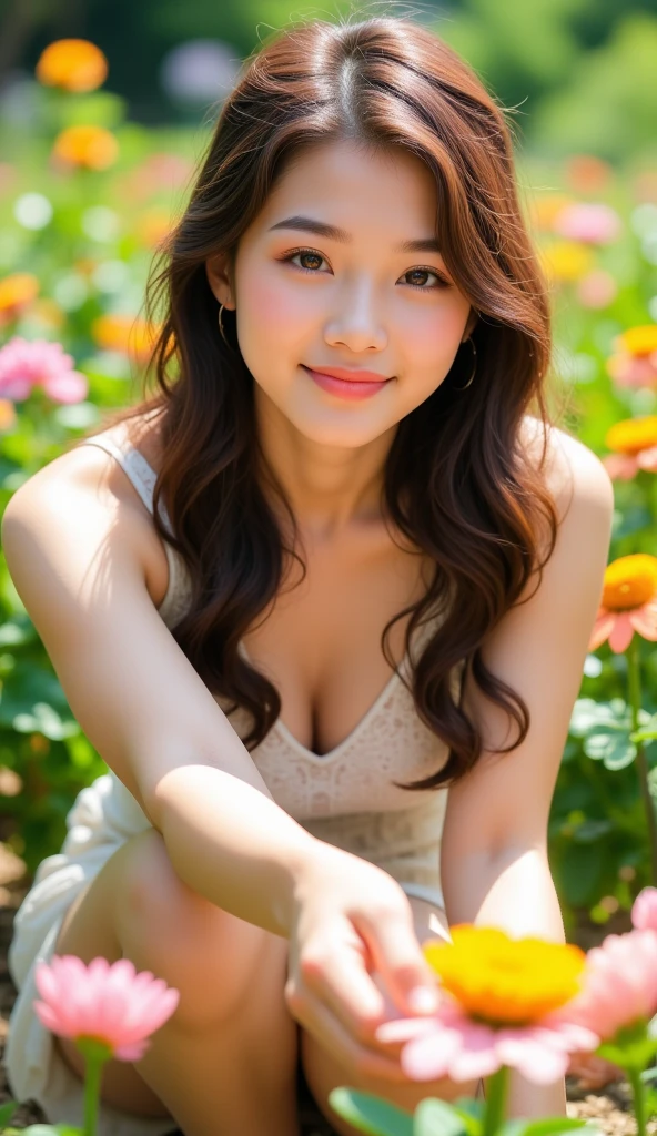 Super Fine Shot,smiling in the middle of the meadow,fullbody image,fullbody image,Tall beautiful woman with ultra-realistic and detailed dark hair,fullbody image,Light orange lace underwear，Standing