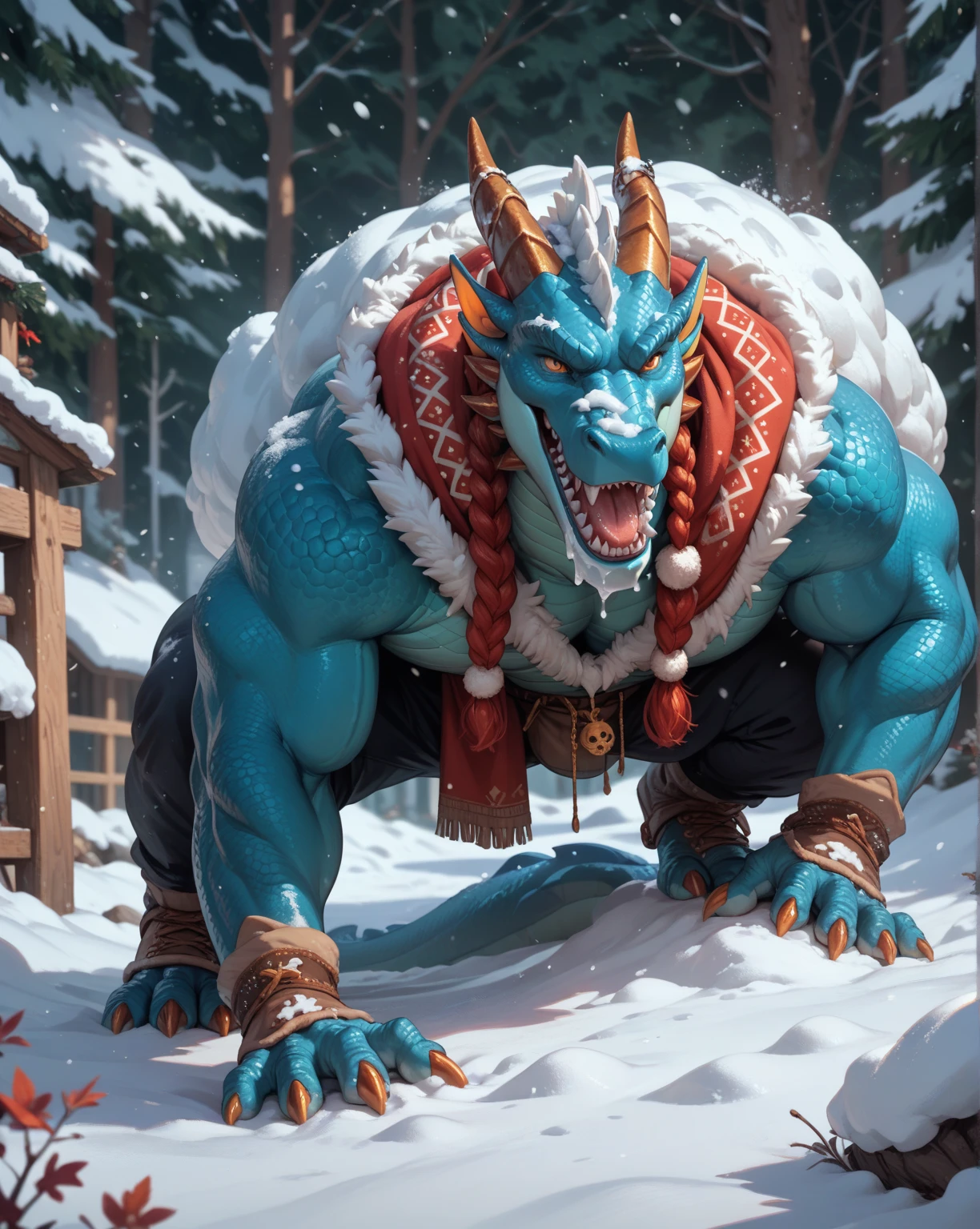 ultra-detailed, masterpiece, masterwork, high quality, best quality, hdr, (nature), nsfw, male, solo, dragon, ((black underpants)), (little red body minotaur), (white chubby body), (long golden hair, yellow eyes, cool eyes), standing, cross your arms, from below, dynamic angle, earrings, sweat