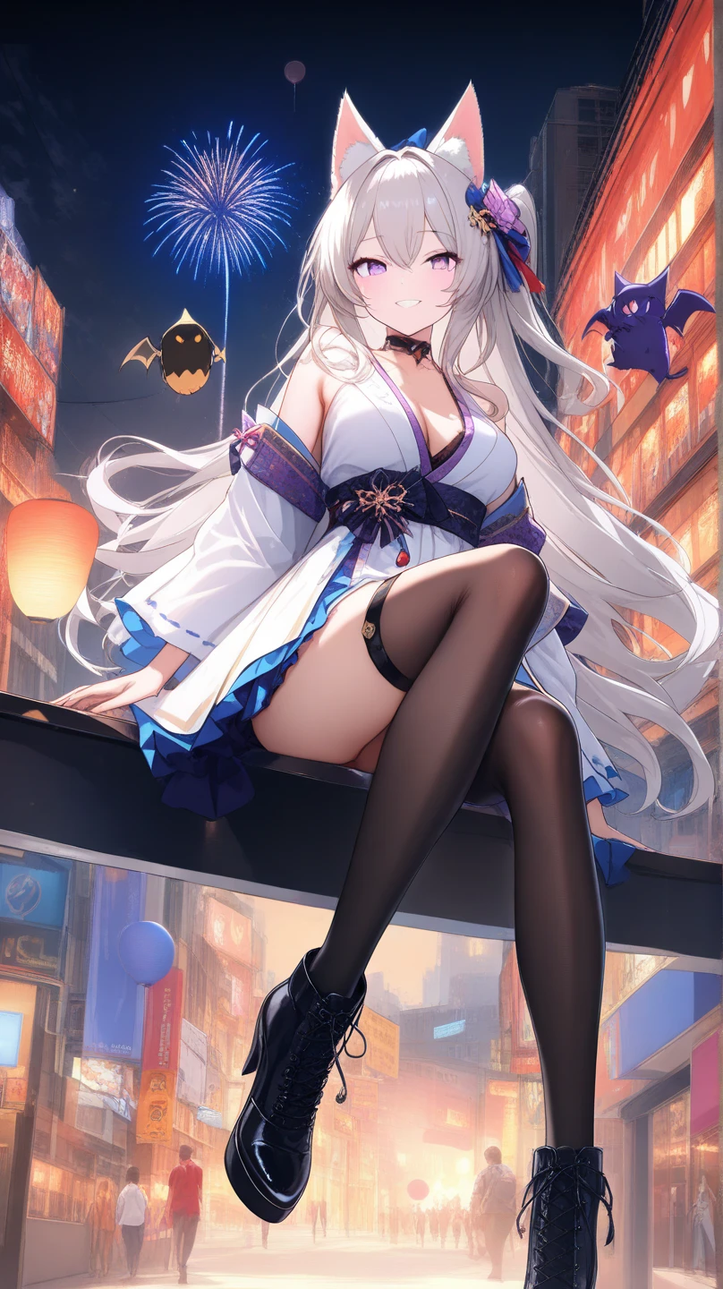 Official Art, masterpiece, Clear focus, (beautiful, Beautiful and cute Korean woman:1.3), (Beautiful and cute Korean:1.3), Korean beauty, 精致beautiful头发、Eyes and face, actual, Super detailed, beautiful女孩, Blue sky, Glowing white particles, (Side Light:1.2), Sunlight, White Cloud, Detailed clouds, Slim, Such a cute big ass, Smile with teeth bared, ((Smile with your eyes, Open your eyes)), landscape, Long straight hair, sexy facial expression, architecture, (city View:1.7), Dynamic Hair, very Long straight hair, Delicate platinum-blonde hair, Green Eyes, , Black socks, Pale skin, Hair accessories, epic landscape,,White high heels,Nice ass,beautiful buttocks,There's nothing under the skirt.,weight loss