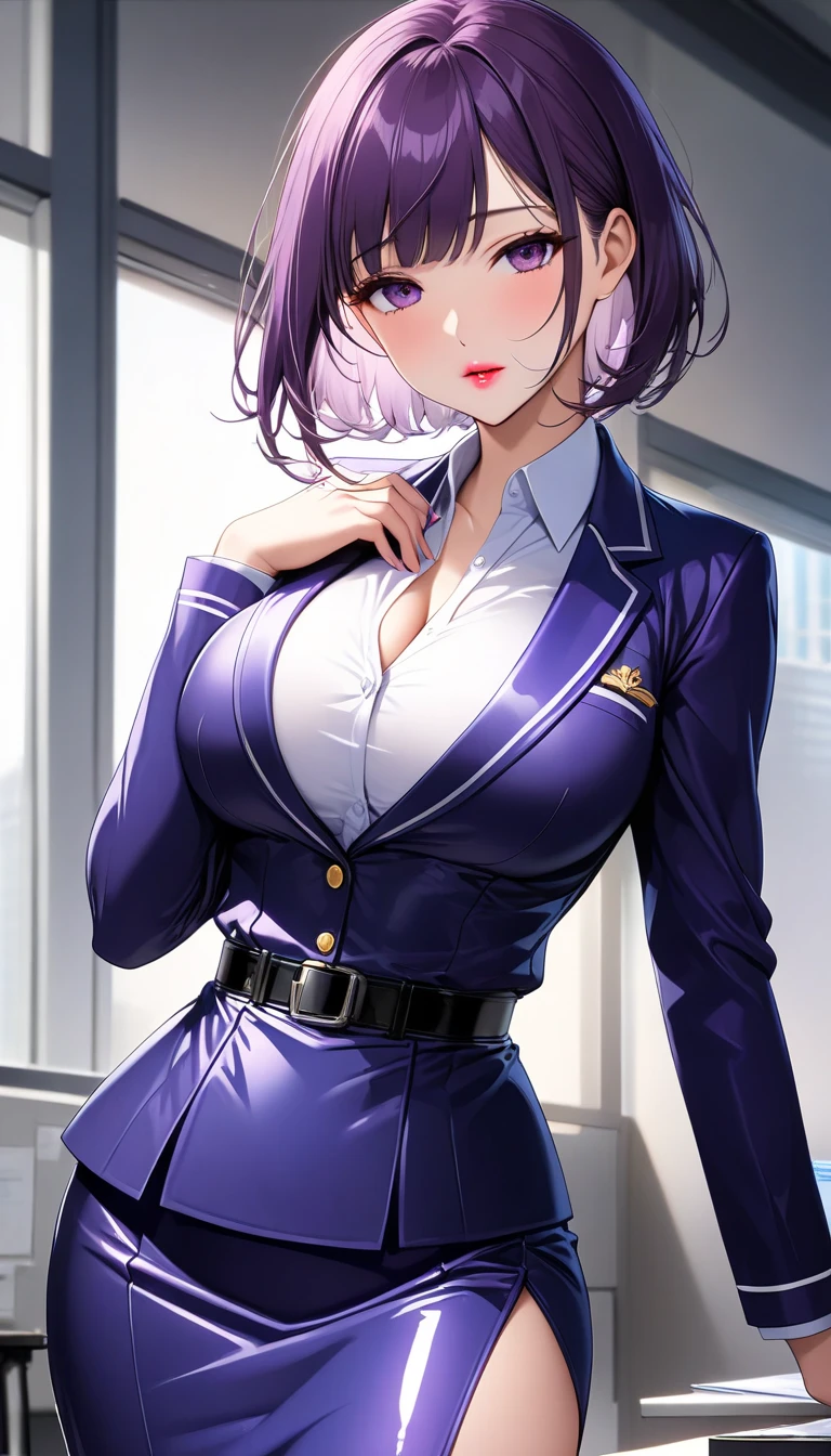 Gorgeous female gangster, pinstripe suit, navel, cleavage, full body shot