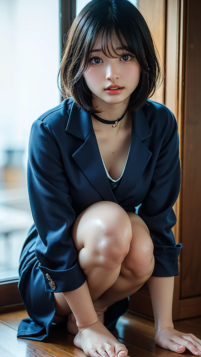 RAW photo, 1 girl, incredibly absurd, 30 years old, beautiful girl, (cute), (very short hair), photo shoot, realistic, Depth of the bounds written, High resolution, Super detailed, delicate, very detailed, highly detailed eyes and face, sharp pupils, Realistic Office Lady, sharp focus, LED lighting, Eye and face details, (navy velvet blazer), navy blue mini skirt, cowboy shot full body, (wind lift:1.6), cameltoe, sit on the sofa in the office, M-shaped spread legs, lace underwear, garter belt, stare, (Big breasts that are about to burst), Close-up, perfect body, shot from below
