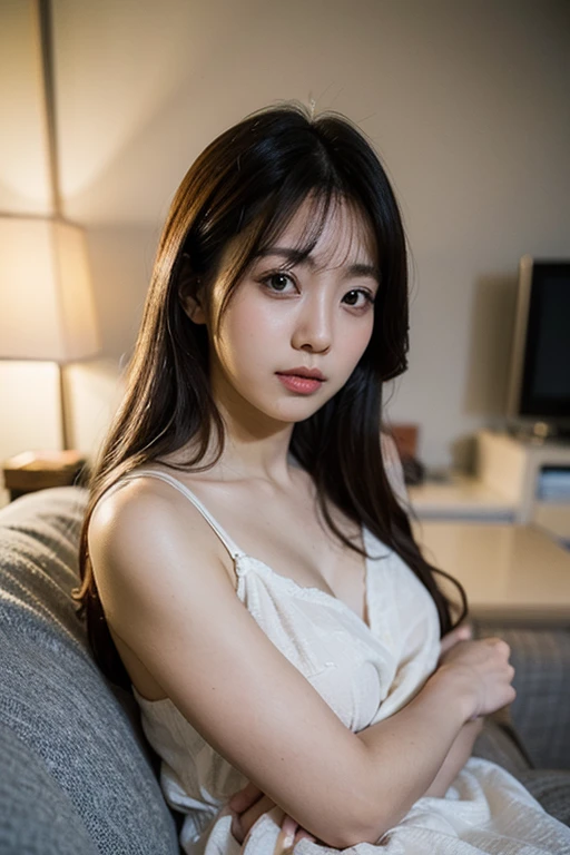 Very happy cute girl, Dark brown hair, There is a small mole under the right lip.,Facing downwards to the right、A little smile、Big Breasts、OL Clothes