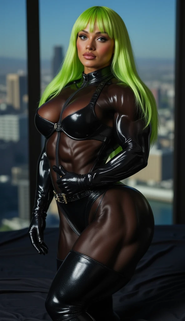 (Close up), Generate an illustration of a mature Jade Cargill sucking cock, ((wwe)), large penis, blowjob, veiny penis, bimbo lips, silver hair , (black skin), hand on penis of a muscular male, male standing behind, de terno preto, (black bra:1.3), short hair, hair combed back, (gigantic breasts:1.3), in anime format with a serious style, (neon green unitard), ((warm lighting)), black boots, gothic make up, masterpiece, ((dark lighting)), black background, (puffy lips),((slendered abs)), beautiful face,