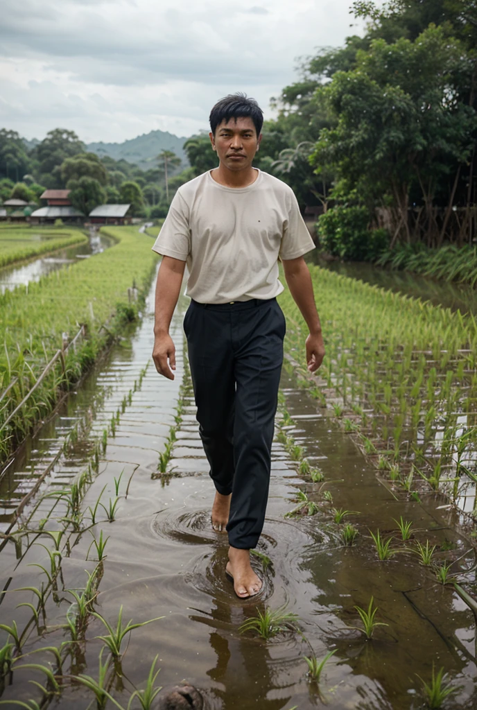 Create a young Thai man with a handsome face like a Thai star, a well-proportioned figure, wearing a Thai farmer's outfit, walking through a lush rice field. The image is more beautiful than you can imagine. The resolution is great.