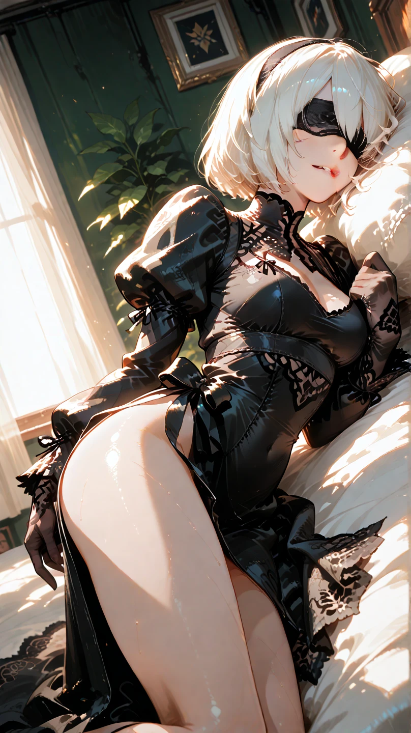 (((depict young girll))), (((only one girl))), (((top-quality, masterpiece))), 4k, HD, silver hair, bob cut, one braid, (red rose in hair), green eyes, (((sofisticate lingerie))), ((lace lingerie details)), black and red lingerie, (((lot of white ribbons))), maid, lovely, smile, happy, warm, ((small breasts)), nice hips, (Masterpiece, Excellent, complex details), delicate girl, delicate face, holding a big sword