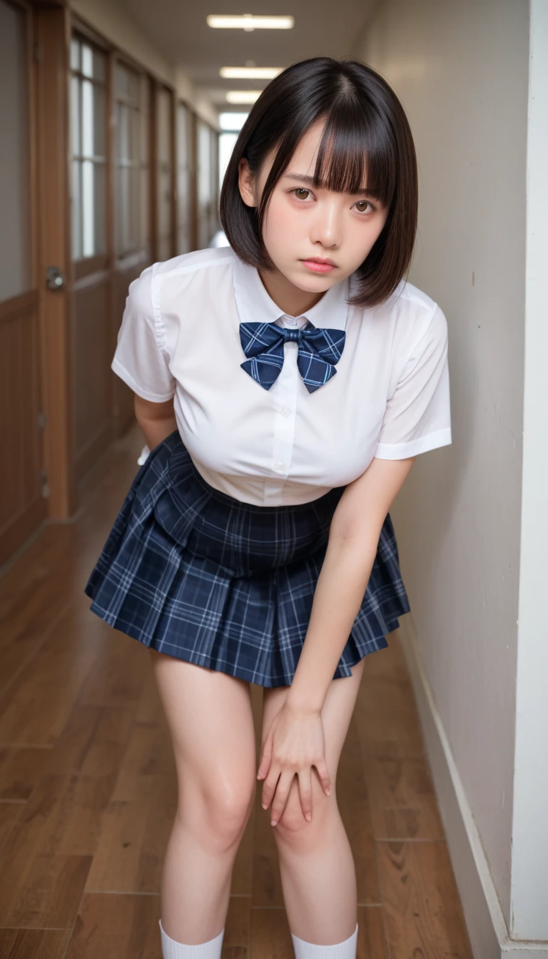 School Girls, (((Top Quality, 16k, Masterpiece: 1.3)), Ultra-Realistic, Masterpiece, Sharp Focus, Super Detail, Absurdity, High Resolution, Dynamic Lighting, 50mm Portrait, City, Night, Cute, Glossy Skin, Delicate Face, Surprised Look, White Shirt, Blue Ribbon, Shortcut Hair, Dark Blue Pleated Skirt with Tartan Plaid Pattern, ( ((skirt flips: 1.5)))), ((Lower body is visible white underwear: 1.4)))), angle from diagonally below, baby face,