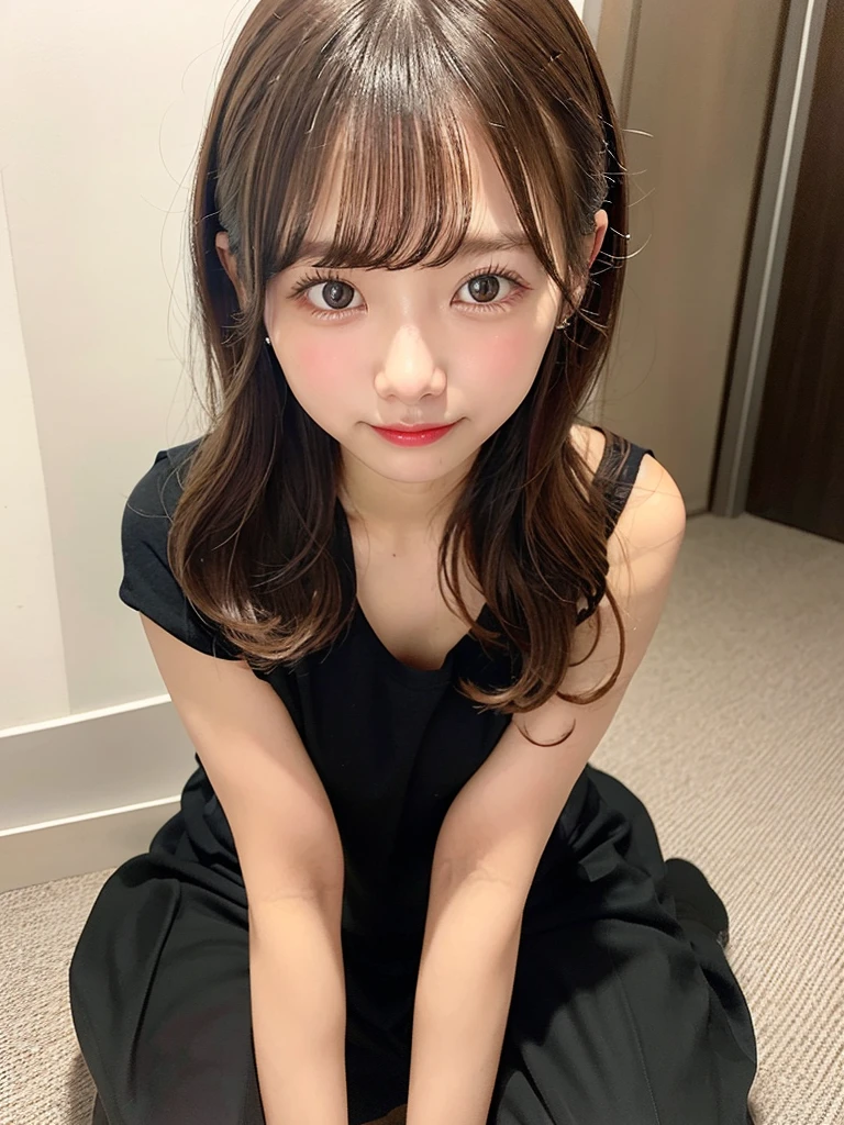 Build one dressed in black silk and heels,Squat with open legs,Slim and sexy girl
