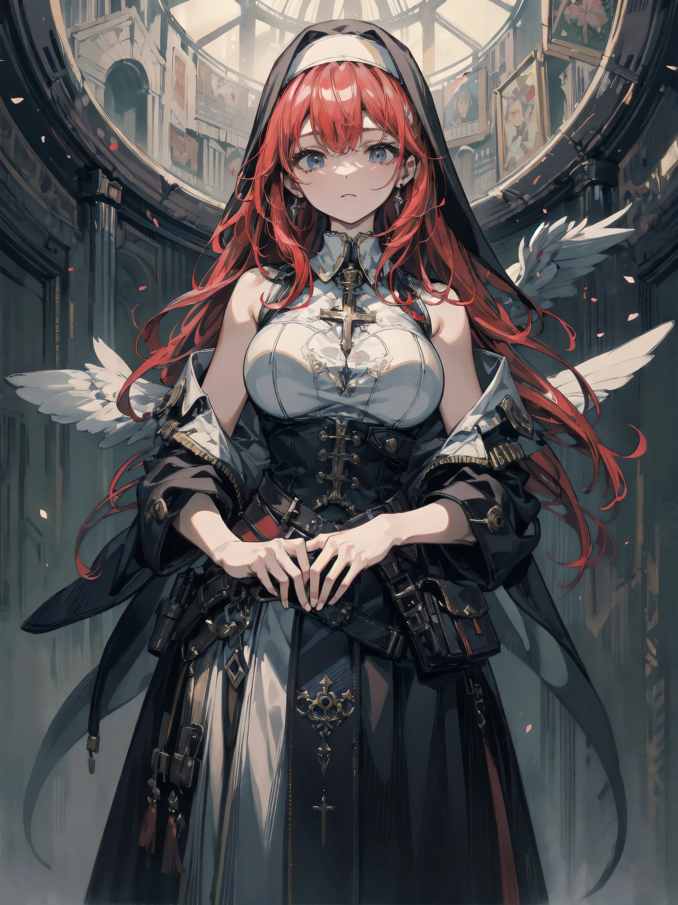 extremelydetailedwallpaper, Ultra-detailed details, detailed shadow, very precise detail, Extremely detailed 8k wallpaper, very fine 8KCG wallpapers,An old abandoned church. Her black dress was torn and stained in some places. red hair was long and fluffy. Light enters through cracked stained glass windows.