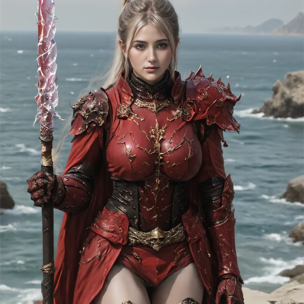 8k,Ultra-high resolution、Masterpiece、Big smile、Photorealistic、Astonishingly beautiful realistic portrait of a Western woman、Beautiful Woman Photos、Symmetrical, realistic face with great detail、Highly detailed textures、Bright colors、Detailed background elements、Deep sense of depth、Unique lighting effects、Complex composition techniques、Camera angles that emphasize the beauty of the character and environment、 Depth and atmosphere、Elaborate details and clarity、((Elvish、expensive、Bust Shot、Focus from the chest up,Lean and muscular physique、Ultra detailed face、Ultra-realistic textures、Detailed eyes、High quality eyes、High quality face、Shining Face、blue eyes))、(((Blonde、Perfect hands)))、In front of the city gates,(Extremely intricate black leather armor、Red Cape、Leather Belt、Knee-high boots、Black gloves、Bracers))、ダークFantasy、Detailed hand drawing、Looking at the audienceください,Mysterious look、Fantasyの背景、Rim Light、Ultra-high resolution、Film Grain、Best Shadow、delicate、to be born、Particles of light、Fine skin、Intricate details、Very detailed、A powerful deception、 Fantasy,Perfect lighting、Looking at the audience、Cinema Lighting、wonderful,Muscular Beauty,Dynamic pose,Very large breasts,