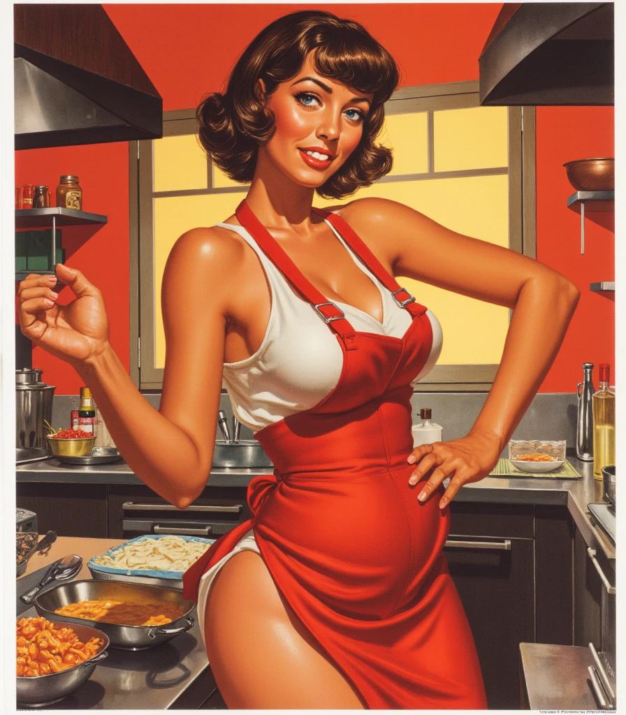 A black-and-white Art Deco illustration of a naked woman, enormous breasts, random sexy pose, in a vintage kitchen, with bold geometric patterns and a luxurious, sophisticated style. A giant dildo is used as an art piece in the middle of the room. Hyper realistic photo
