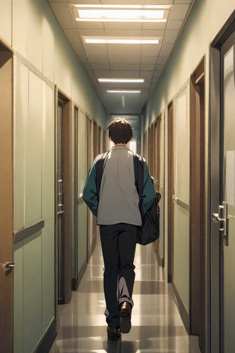 A man in a shirt,Carry a backpack,At the door of the doctor's office in the hospital,Sit on a hallway bench and wait,Head down and play with your phone