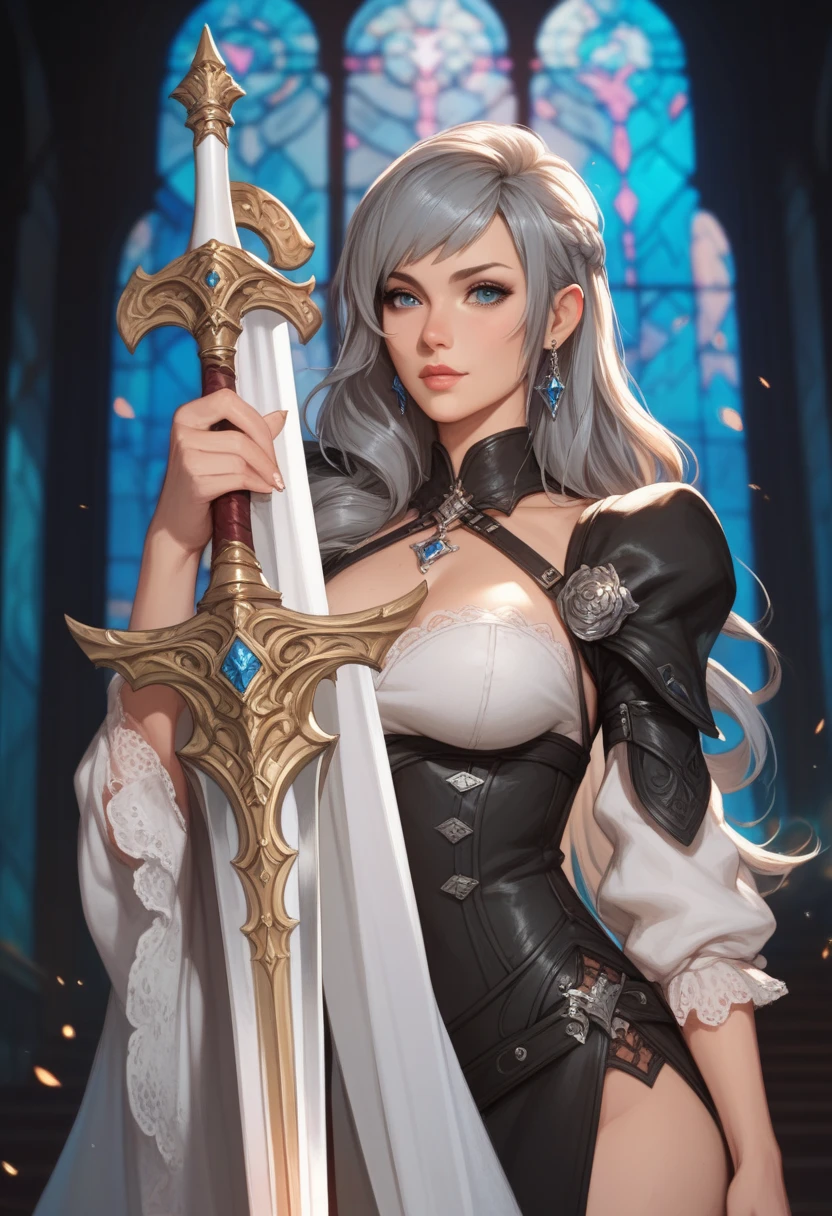 Perfect balance, Anatomically correct, (creation myth: 2.0), (The world of Norse mythology: 1.6), highly stylized, Deviant art, masterpiece, Very detailed, fine grain, expressive fine grain, Detailed pupil, Futuristic, ((Fantasy of the Zero Era)), (God Slayer), Artifact Heavy Armor, (Soul Hunter:1.4), Inkpunk, Fantasy art, Billing equipment, Neo-Victorian, Inkpunk, Paint Tray, Ink splash, (Action pose:1.0), ((Hold a giant flaming sword)), Ragnarok, Apocalypse, 4K, Ultra-high resolution, masterpiece, 1 girl, ((White skin)), Fine grain, Detailed lipstick, Very long hair, Straight hair, Very long hair, Beautiful Hair, Hair Accessories, hair band, Gradient Hair, ((Silver Stockings)), ((Princesswear)), ((Decorated clothing)), ((Runes)), ((Shiny clothes)), ((Silver Lace)), ((Diamond Bracelets)), ((Cleavage)), ((High-cost decorations:1.5)), necklace, Earrings, high intensity lighting, ((Valkyrie)), Beautiful face, Depth of written boundary, Ray Tracing, Ultra-Realistic Details, Elegant Dresses