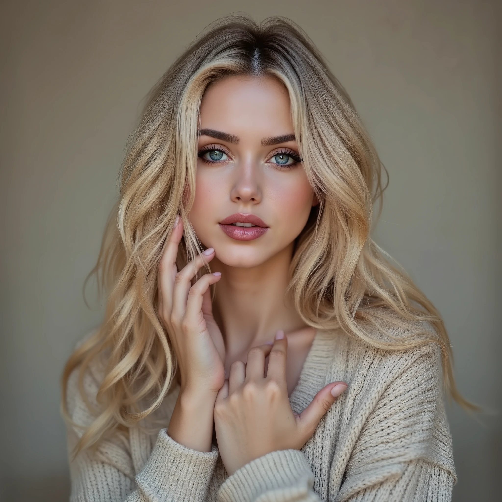Marli Buccola, portrait of blonde woman with blue eyes, aran sweater, detailed hands,