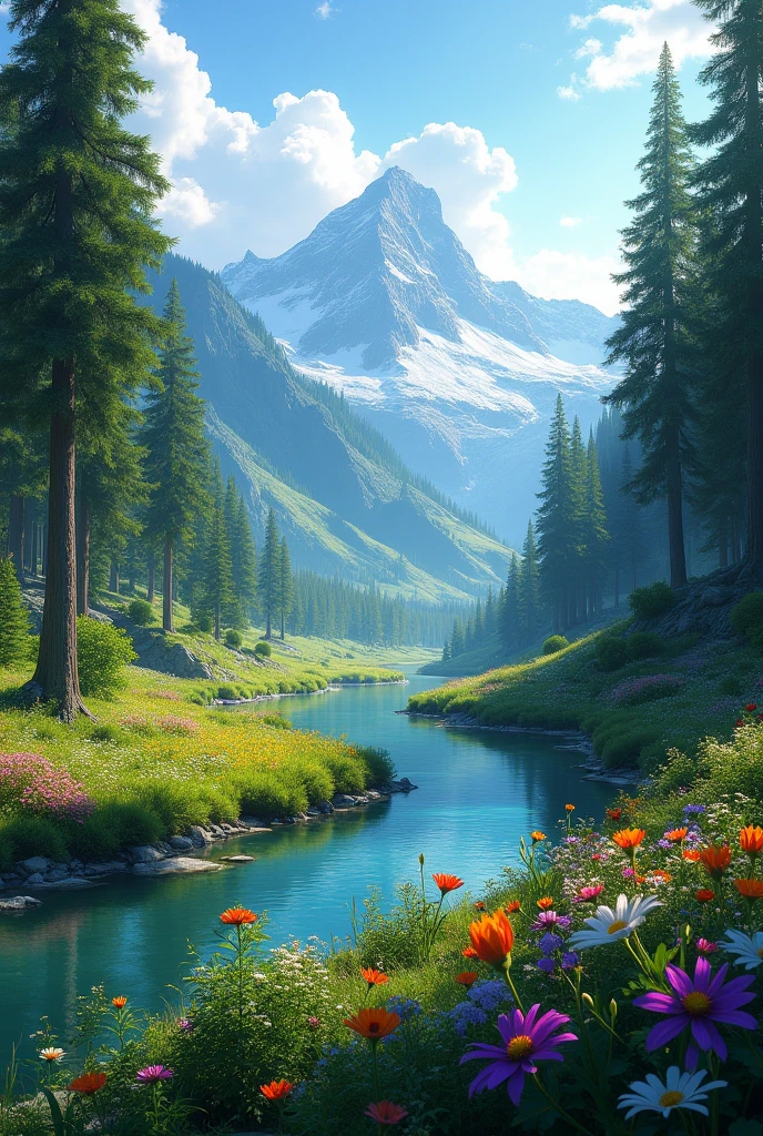 A forest with lots of trees and mountains and a river flowers - SeaArt AI