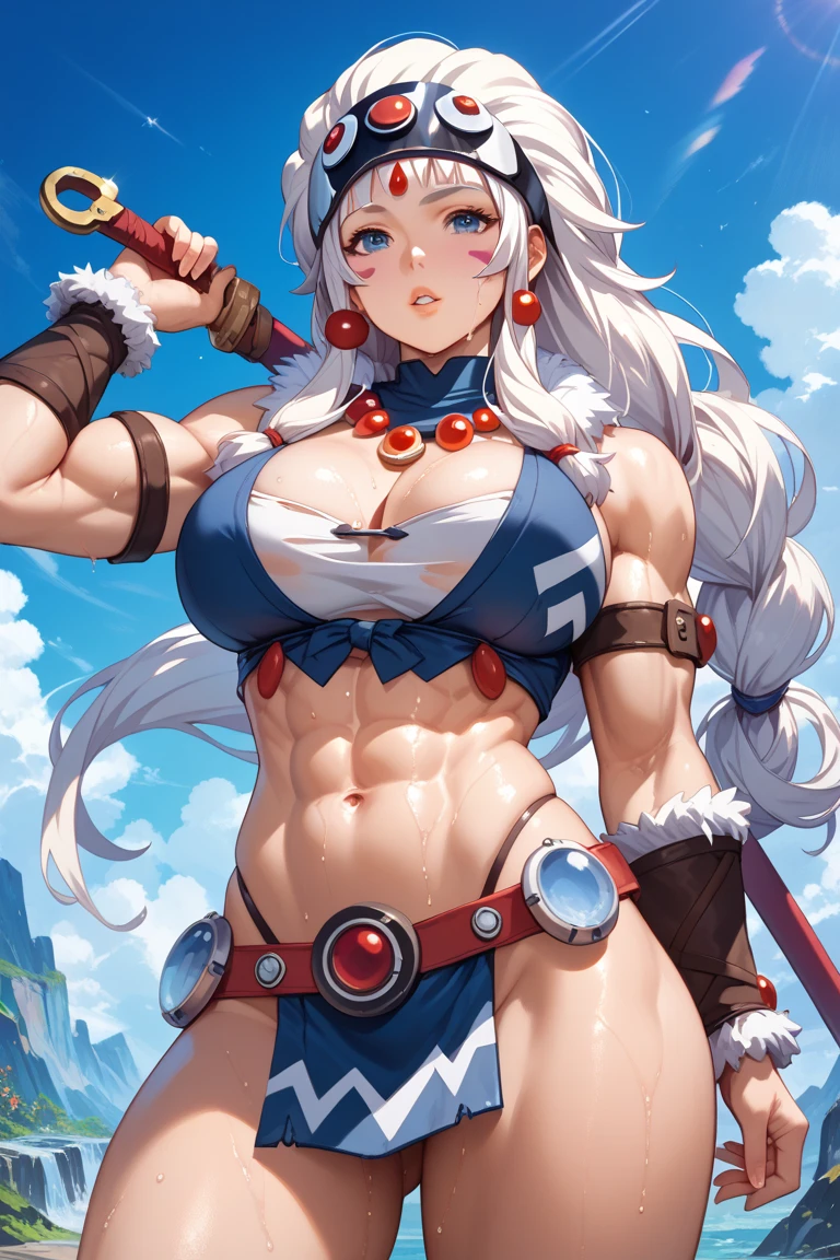 (masterpiece, best quality) solo, 1girl, 1girl,solo,huge breasts, cowboy shot, outfit-km, blue fire, white hair, red eyes, hair flower, hair ribbon, ribbon, earrings, smile, silver hair, standing, cameltoe, sweat, wet skin, abs, muscular, pov, view from above, steaming body, flexing muscles,
