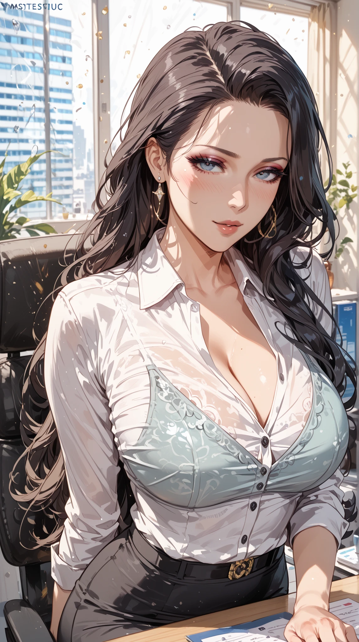 Highest quality, (Realistic:1.2), One girl, alone, Detailed face, Face Focus, Are standing, Black Hair,(hair ornaments:1.35),office lady, Sleeves edged with ribbon, Removable sleeves, Ribbon trim, Wide sleeves, (View your viewers:1.5) Long Hair, Iris, bangs, lips,