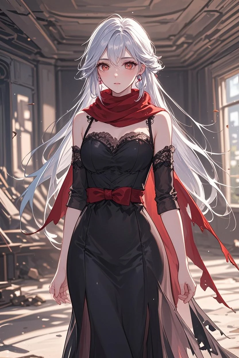 ((heterochromia )) (((double coulored eyes))) white hair, ponytail, gradient hair, red eyes, blue eyes,prosthetic arm, bandaged arm BREAK detailed shading,red dress