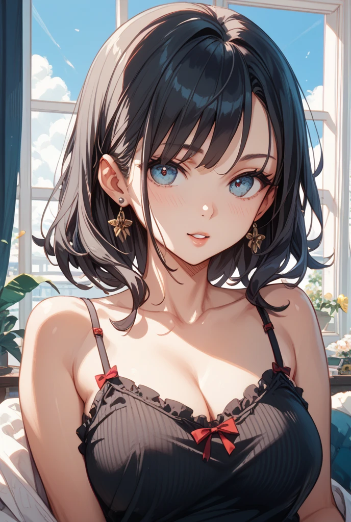 ((Highest quality)), ((masterpiece)), (detailed), One girl, sexy、Busty Japanese woman in black tank top、black hair, Beauty、Embarrassed expression、whole body、Angle from below、ミニスカート、