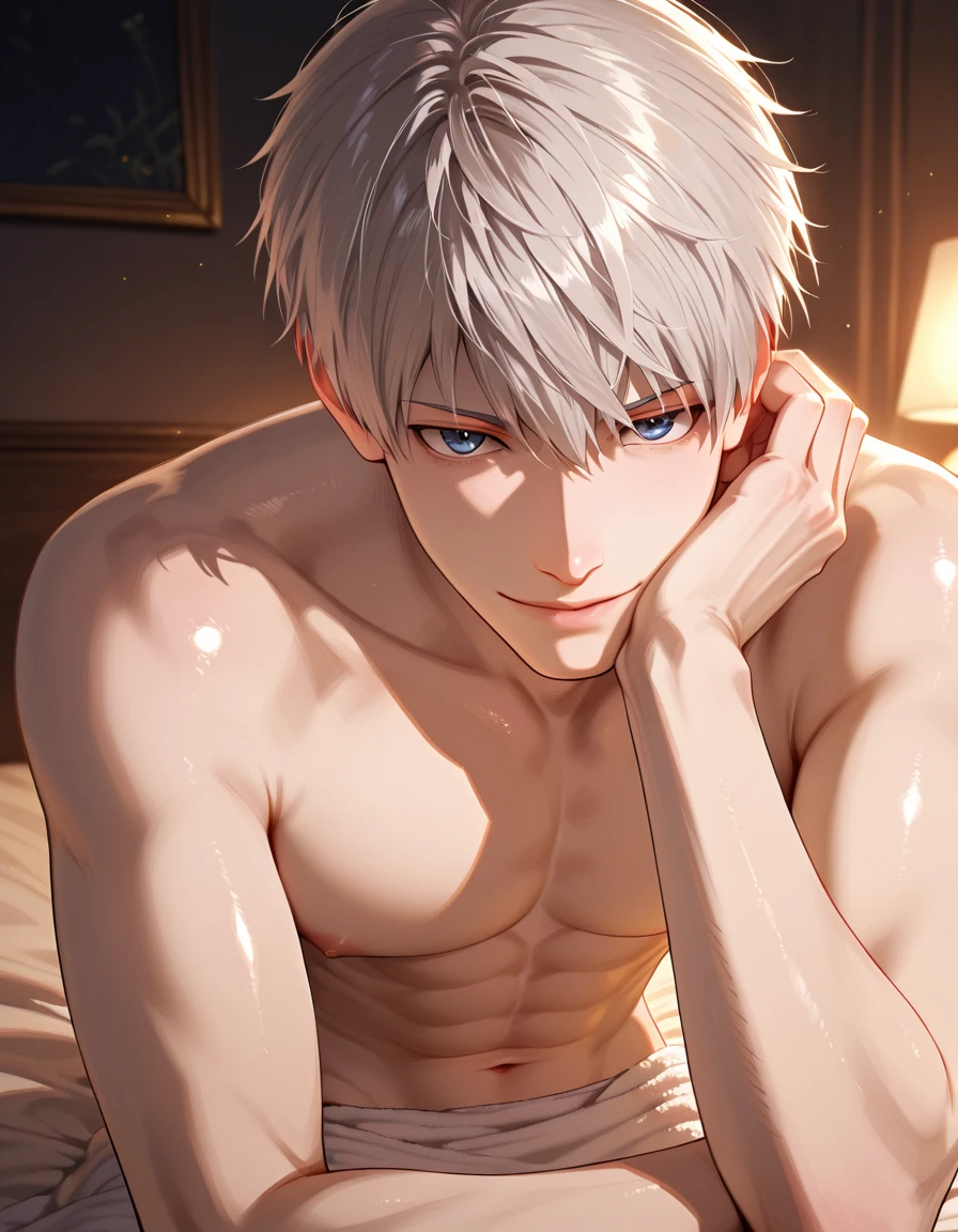 create panel in the art style of mo dao zu shi hybrid character with wolf ears,masculine and dominant gender, short wolfcut white hair , purple raven iris eyes,pale skin, inside a large public bathtub, sexy expression and slim body