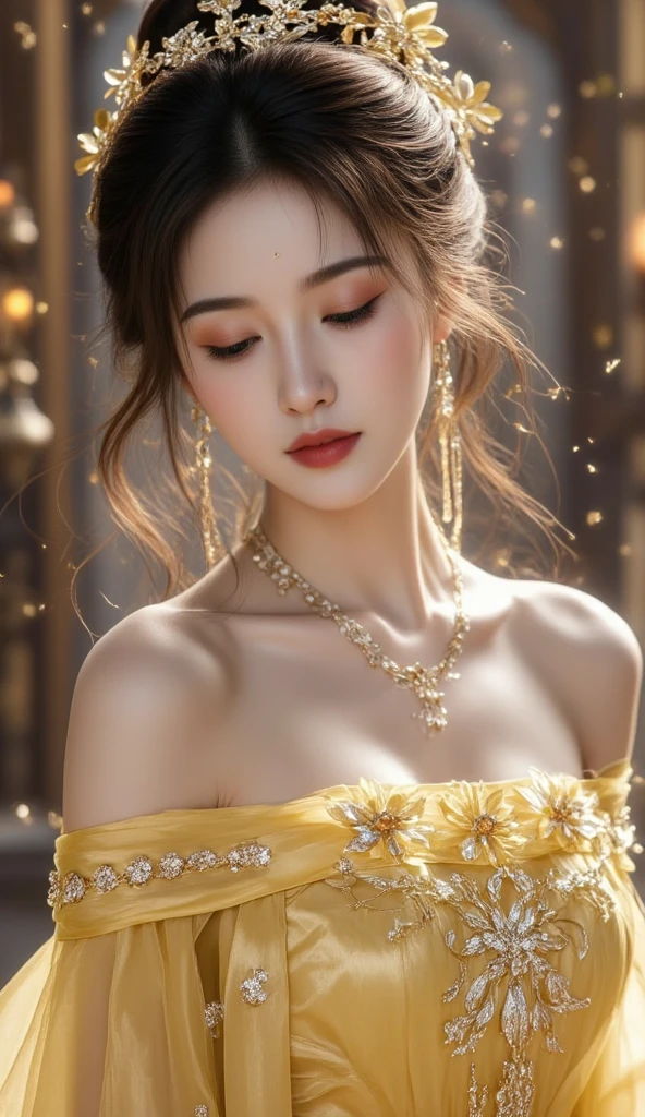 1woman, ((Updo hairstyle)), celebrity, rich attire, Extremely cute, Amazing face and eyes, (Beautiful lovely smile), (extremely detailed beautiful face), bright and shiny lips, (cute bikini:1.3), Beautiful big smile, (very elaborate lace bra:1.5), (Plump, sagging stomach:1.3), (Slightly overweight:1.1), smooth skin, super beautiful, (pubic hair:1.2), (Absolutely gorgeous, luxurious gold necklace, gorgeous gold earrings:1.2), attractive, (Best Quality:1.4), (hyper quality), (Ultra-detailed), (hyper-realistic, Photorealsitic:1.37), Authentic skin texture, complex details, extremely detailed CG unified 8k wallpaper, RAW Photos, professional photograpy, Cinematic lighting, coast, sea, palm trees, sun, sea side open cafeteria, (lei flower necklace:1.5)