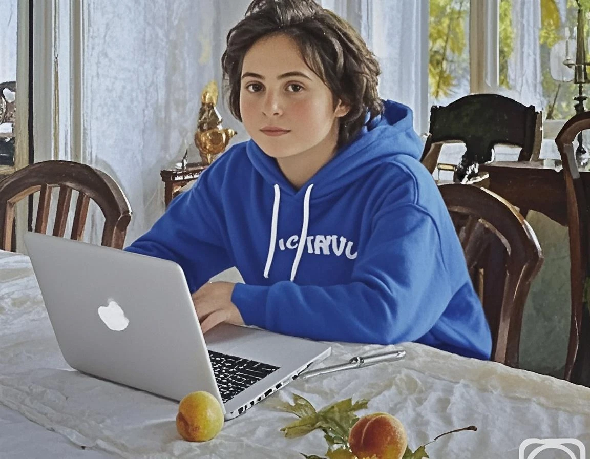 Mature woman with broMature woman with brown hair, blue eyes, scars on her face, long hair, wearing a purple sweatshirt and red skirt, long red stockings, standing in her room, background of a room with wooden walls and a painting of young mouthswn hair, blue eyes, scars on her face, long hair, she is wearing a violet sweatshirt and red skirt, long red socks, she is lying on the bed, background of a room with wooden walls and a painting of mouth juniors