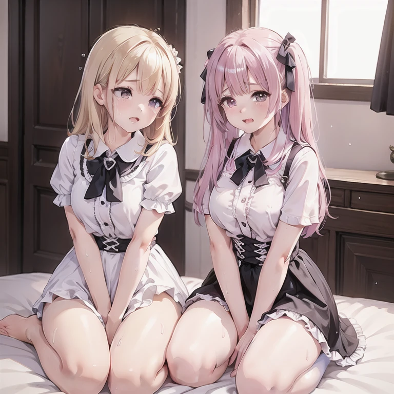 ((petite bishojo, loli 2girls)), ((kawaii loli face)), ((sparkling eyes)), ((masterpiece)), (top quality), ((hyper detailed)), (beautiful and aesthetic), (exquisite), (depth), (super detailed skin), (high standard), ((high resolution)), (perfect anatomy), (full body), (blush), (lipstick), (bare foot), (own room), (big bow in hair), ((jirai-kei, wariza)), ((lesbian, kiss)), (perfect legs)