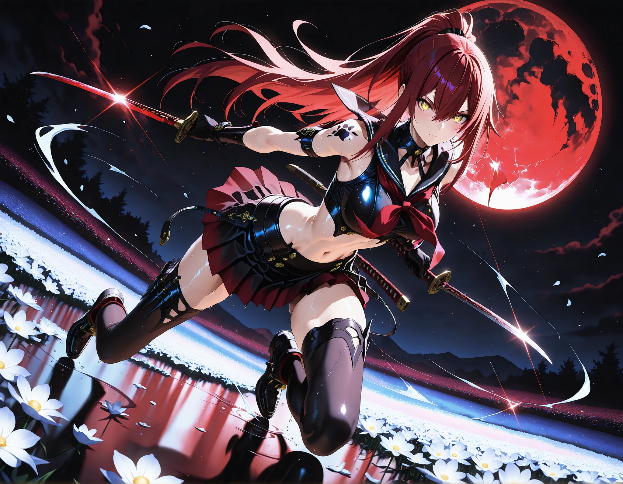 masterpiece, top quality, Super Detailed, 8k, full body, dynamic poses, cinematic lighting, solo, 1 girl, golden eyes , very long hair , long sidelocks, red hair , half upon, medium breasts , petite , very cute , beautiful ,Straight hair, cool, handsome, hair between eyes, confident, Japanese High School Girl , pleated skirt, sailor collar, black thigh high socks, navel, glossy skin, katana spinning through the air, Confident Expression, Desolate World 、Black sky and red moon、small flower field on dead earth, raindrop, Wet, Disconnect, ponytail in a low position, serious expression, Semi-realistic, anime style, two dagger. black blades, masterpiece, best quality, amazing quality, very aesthetic, 8k, HDR, cinematic, Glowing_Lights, glowing_light, glowing, glowing_effect, sparkling, particles, sparkle_effect, light_particles, glitter, glitter_effect, bokeh, light_bokeh, light_reflection