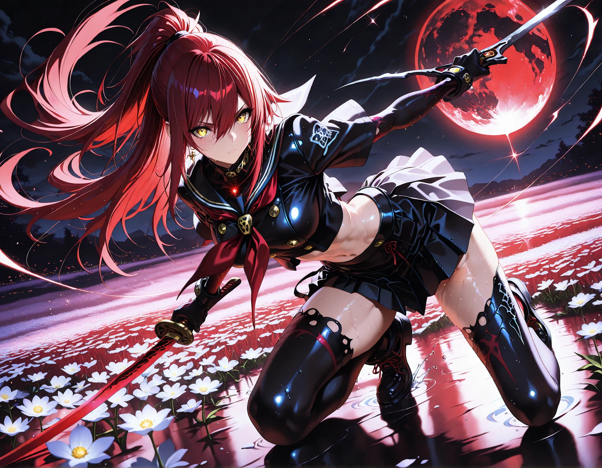 masterpiece, top quality, Super Detailed, 8k, full body, dynamic poses, cinematic lighting, solo, 1 girl, golden eyes , very long hair , long sidelocks, red hair , half upon, medium breasts , petite , very cute , beautiful ,Straight hair, cool, handsome, hair between eyes, confident, Japanese High School Girl , pleated skirt, sailor collar, black thigh high socks, navel, glossy skin, katana spinning through the air, Confident Expression, Desolate World 、Black sky and red moon、small flower field on dead earth, raindrop, Wet, Disconnect, ponytail in a low position, serious expression, Semi-realistic, anime style, two dagger. black blades, masterpiece, best quality, amazing quality, very aesthetic, 8k, HDR, cinematic, Glowing_Lights, glowing_light, glowing, glowing_effect, sparkling, particles, sparkle_effect, light_particles, glitter, glitter_effect, bokeh, light_bokeh, light_reflection