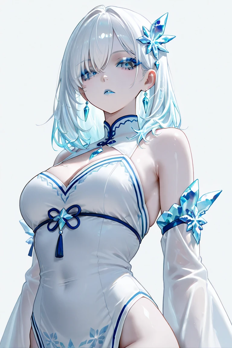 Adult woman, Short blue hair, blue eyes, big breastes, pale skin, Ice Crown, ice dress, Cold, emotionless look, blue lipstick, Masterpiece, hiquality